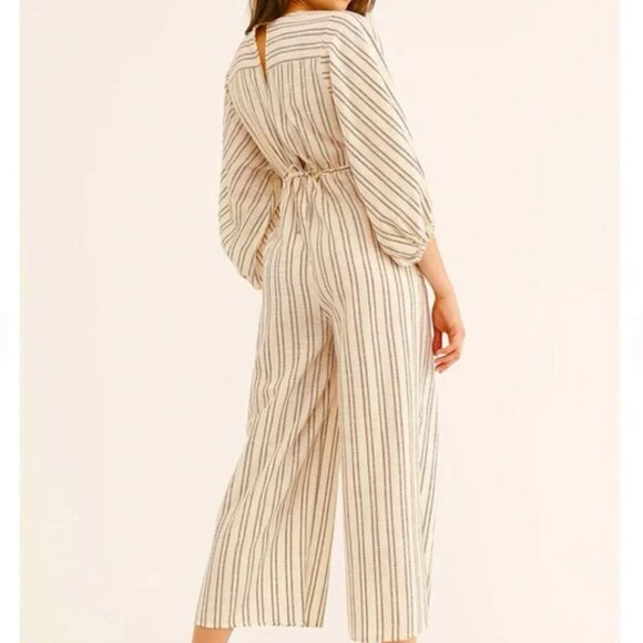Free People Cream Brown Lightweight Kenny Striped One-Piece Jumpsuit Size Medium - Picture 2 of 11